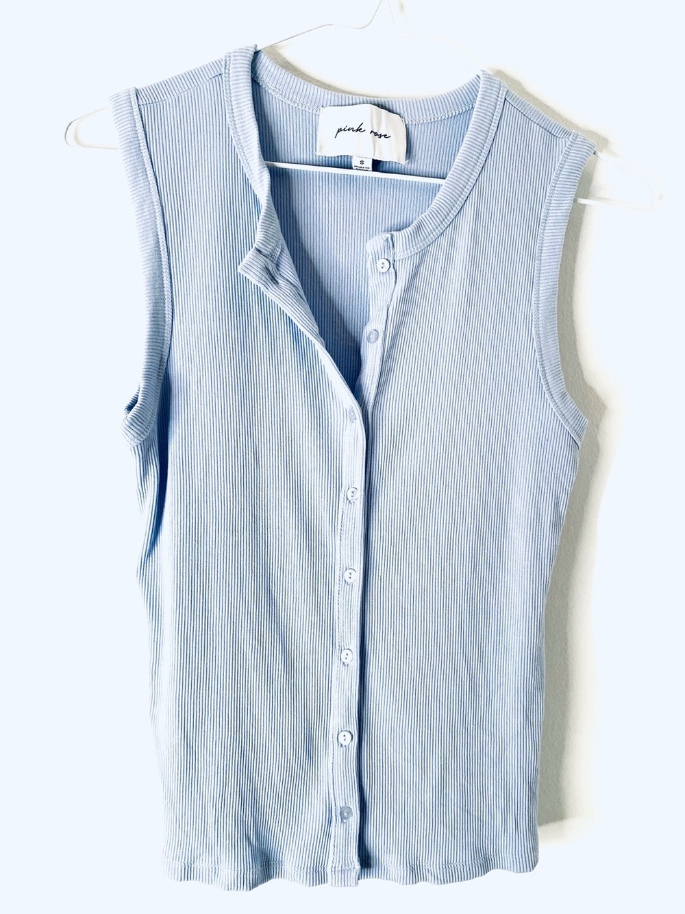 Blue Ribbed Button Front Tank Top Sleeveless Crew Neck Stretch Cami Pink Rose